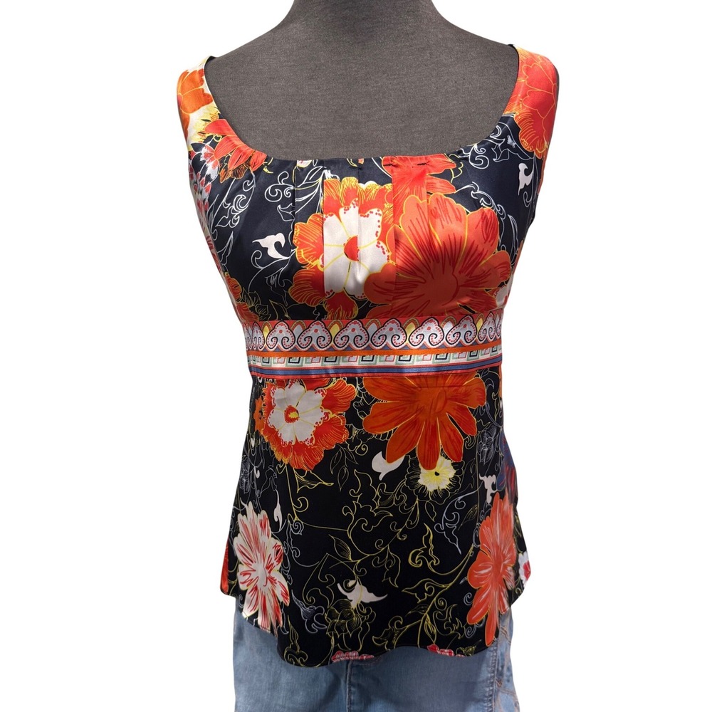 Tahari Women‎ Floral Empire Waist Sleeveless Blouse Black Orange Square Neck Top